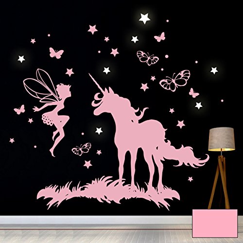 Wandtattoo Wandaufkleber Einhorn Fee Schmetterlinge Fluoreszierende Sterne M2018 - ausgewählte Farbe: *rosa* ausgewählte Größe: *M - 60cm breit x 60cm hoch* von ilka parey wandtattoo-welt