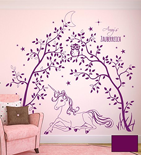 Wandtattoo Wandaufkleber Einhorn mit Bäumen Zauberreich Eule Sterne Mond Wunschname Name M1631 - ausgewählte Farbe: *Lila* - ausgewählte Größe: *L - 100cm breit x 91cm hoch* von ilka parey wandtattoo-welt