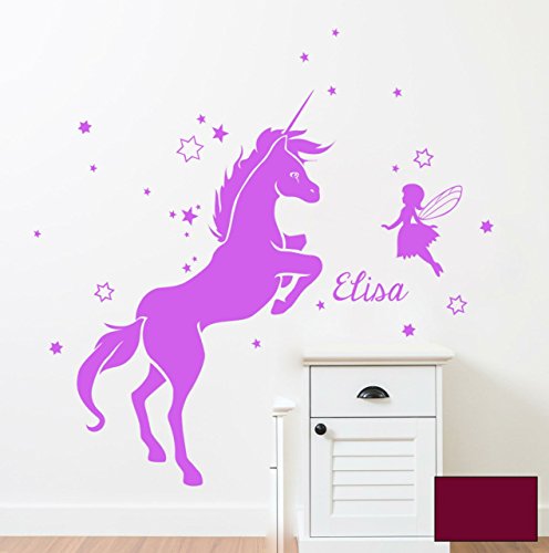 Wandtattoo Wandaufkleber Einhorn mit Fee Elfe vielen Sternen und Name Wunschname M1530 - ausgewählte Farbe: *Beere* ausgewählte Größe: *M 33cm breit x 50cm hoch von ilka parey wandtattoo-welt