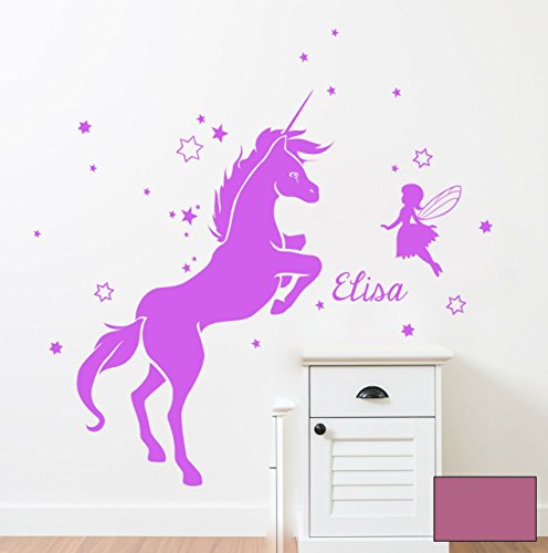 Wandtattoo Wandaufkleber Einhorn mit Fee Elfe vielen Sternen und Name Wunschname M1530 - ausgewählte Farbe: *Lavendel* ausgewählte Größe: *M 33cm breit x 50cm hoch von ilka parey wandtattoo-welt