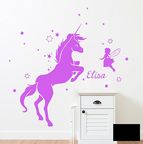 Wandtattoo Wandaufkleber Einhorn mit Fee Elfe vielen Sternen und Name Wunschname M1530 - ausgewählte Farbe: *Schwarz* ausgewählte Größe: *M 33cm breit x 50cm hoch von ilka parey wandtattoo-welt