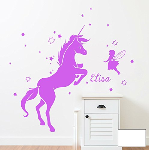 Wandtattoo Wandaufkleber Einhorn mit Fee Elfe vielen Sternen und Name Wunschname M1530 - ausgewählte Farbe: *Weiß* ausgewählte Größe: *M 33cm breit x 50cm hoch von ilka parey wandtattoo-welt