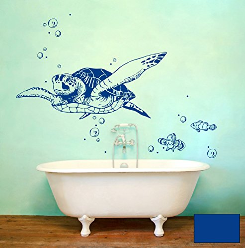 Wandtattoo Wandaufkleber Meeresschildkröte Schildkröte Lotti mit Fischen und Bubbles M1533 - ausgewählte Farbe: *Blau* - ausgewählte Größe: L 80cm breit x 36cm hoch von ilka parey wandtattoo-welt