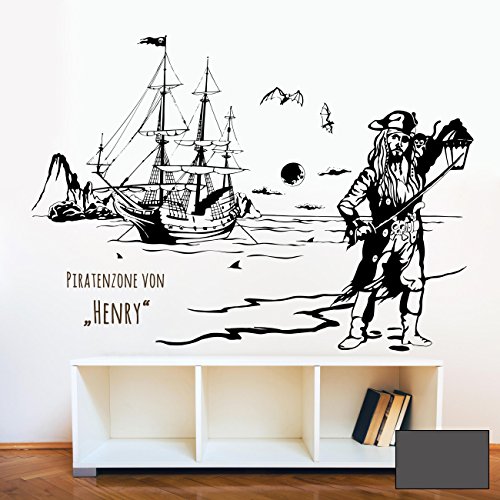 Wandtattoo Wandaufkleber Piratenzone Piratenschiff Pirat Pirateninsel Meer Seeräuber Wunschname Name M1643 - ausgewählte Farbe: *Dunkelgrau* - ausgewählte Größe: *L - 120cm breit x 86cm hoch* von ilka parey wandtattoo-welt