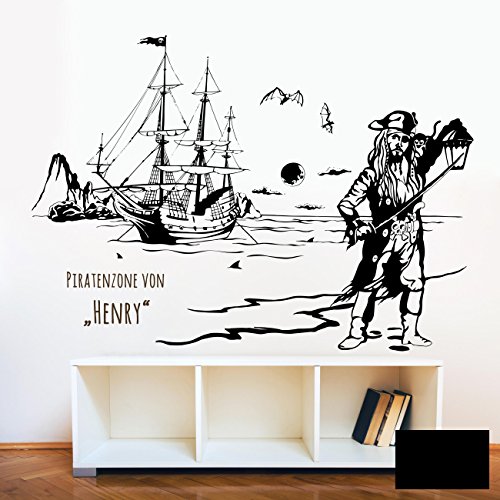 Wandtattoo Wandaufkleber Piratenzone Piratenschiff Pirat Pirateninsel Meer Seeräuber Wunschname Name M1643 - ausgewählte Farbe: *Schwarz* - ausgewählte Größe: *L - 120cm breit x 86cm hoch* von ilka parey wandtattoo-welt