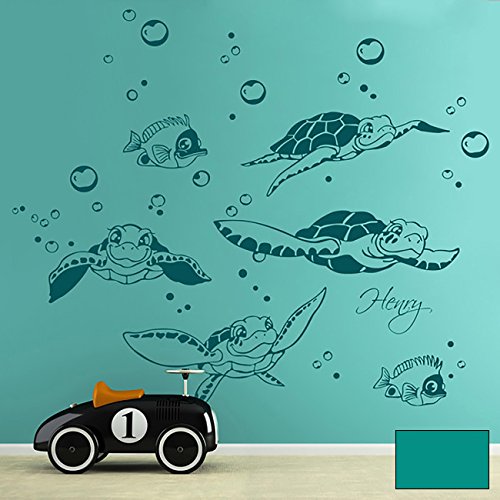 Wandtattoo Wandaufkleber Schildkröten Turtles mit Fischen Wasserblasen und Wunschnamen M1755 - ausgewählte Farbe: *Türkis* - ausgewählte Größe: *XL - 140cm breit x 80cm hoch* von ilka parey wandtattoo-welt