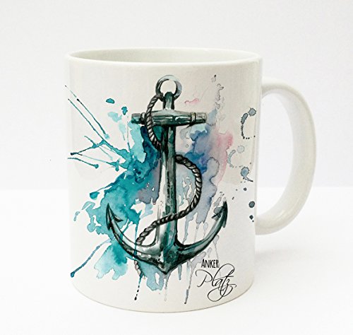 ilka parey wandtattoo-welt® Becher Tasse Kaffeetasse Cup Mug Anker mit Tau maritim mit Spruch Ankerplatz blau pink ts181 von ilka parey wandtattoo-welt