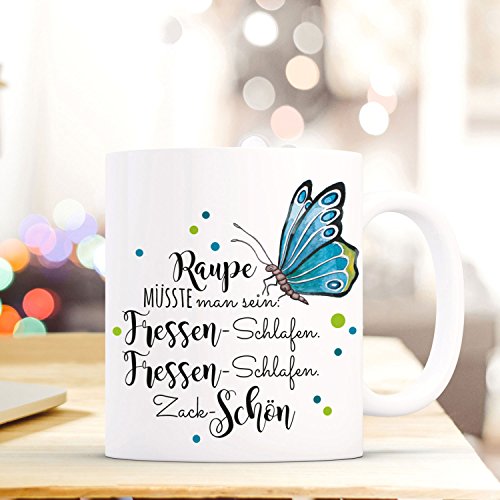 ilka parey wandtattoo-welt® Tasse Becher Kaffeetasse Kaffeebecher Schmetterling mit Punkten und Spruch Raupe müsste Man Sein. ts466 von ilka parey wandtattoo-welt