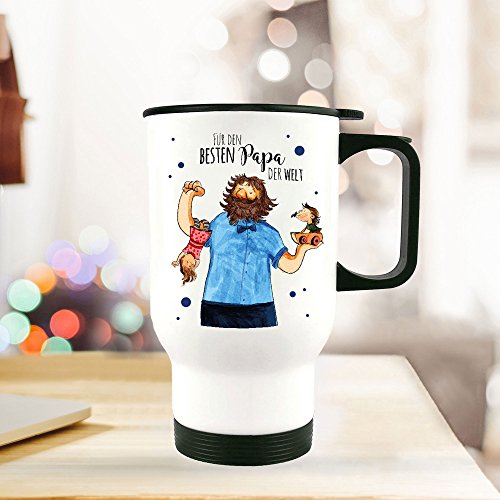 ilka parey wandtattoo-welt® Thermobecher Vatertag Thermotasse Thermosflasche Kaffeebecher Becher Vater mit Kinder Punkten und Spruch für den besten Papa der Welt tb093 von ilka parey wandtattoo-welt