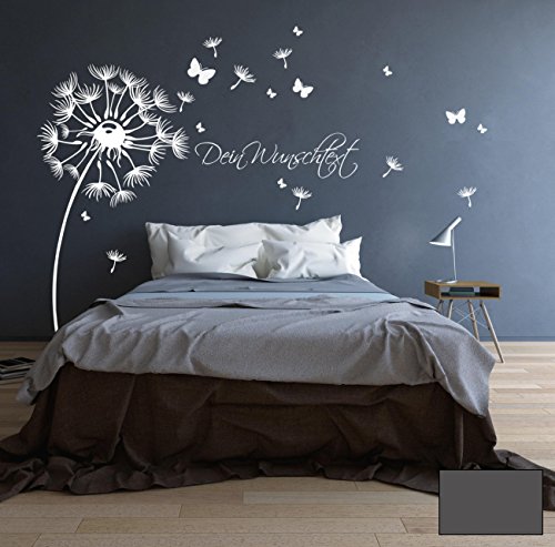 ilka parey wandtattoo-welt® Wandtattoo Wandaufkleber Pusteblume Blüten Schmetterlinge Wunschtext M1416 - ausgewählte Farbe: *Dunkelgrau* - ausgewählte Größe:*XL 170cm breit x 180cm hoch von ilka parey wandtattoo-welt