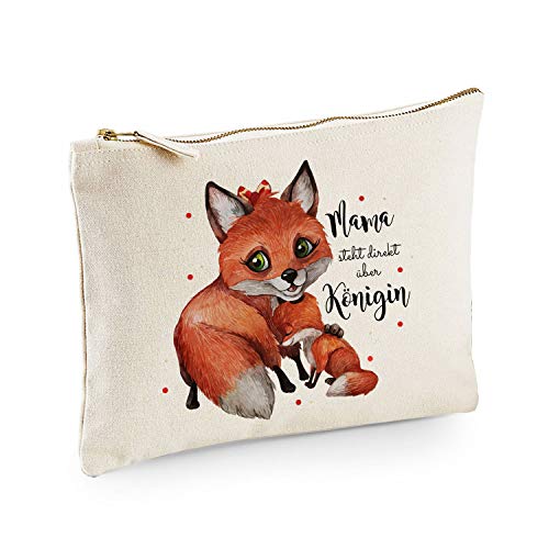 ilka parey wandtattoo-welt Canvas Pouch Tasche Fuchs Fuchsmama mit Junges & Spruch Mama Steht über Königin Waschtasche Kulturbeutel Kosmetiktasche Bedruckt cl61 von ilka parey wandtattoo-welt