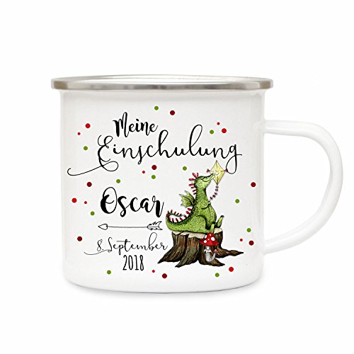 ilka parey wandtattoo-welt Emaille Becher Camping Tasse Drachen & Spruch Meine Einschulung Kaffeetasse Geschenk mit Name Wunschname & Datum eb186 von ilka parey wandtattoo-welt