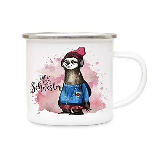 ilka parey wandtattoo-welt Emaillebecher Becher Tasse Camping Faultier & Spruch Chilligste Schwester Kaffeetasse Geschenk Spruchecher eb302 von ilka parey wandtattoo-welt