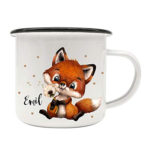 ilka parey wandtattoo-welt Emaille Becher Camping Tasse Motiv Fuchs Füchschen Pusteblume Punkte & Wunschname Name Kaffeetasse Geschenk eb493 - ausgewählte Farbe: *Silberner Becherrand* von ilka parey wandtattoo-welt