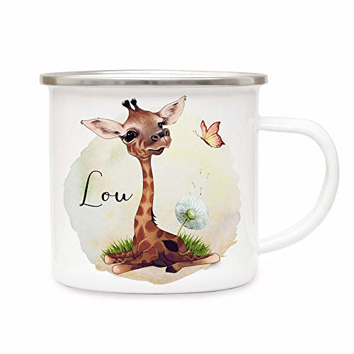 ilka parey wandtattoo-welt Emaille Becher Camping Tasse Motiv Giraffe mit Pusteblume & Wunschname Name Kaffeetasse Geschenk Kinder eb501 - ausgewählte Größe: *2. Emaillebecher* von ilka parey wandtattoo-welt