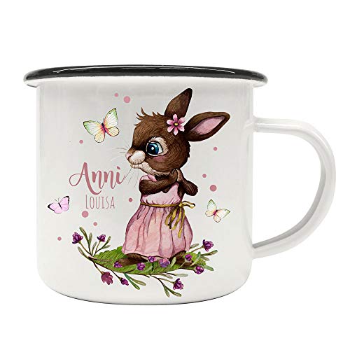 ilka parey wandtattoo-welt Emaille Becher Camping Tasse Motiv Hase Häschen rosa Schmetterlinge & Wunschname Name Kaffeetasse Geschenk eb492 - ausgewählte Farbe: *schwarzer Becherrand* von ilka parey wandtattoo-welt