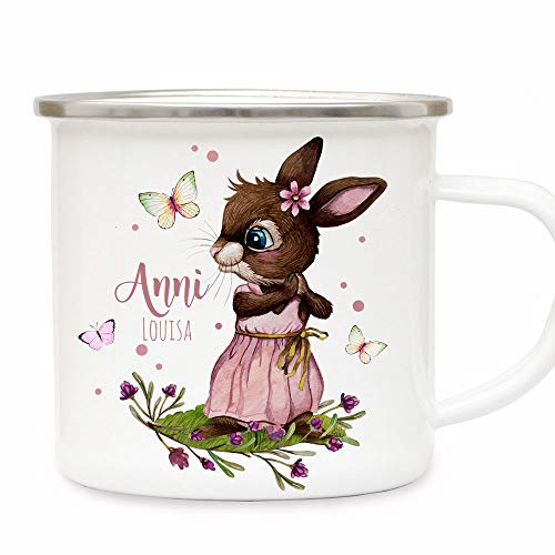 ilka parey wandtattoo-welt Emaille Becher Camping Tasse Motiv Hase Häschen rosa Schmetterlinge & Wunschname Name Kaffeetasse Geschenk eb492 - ausgewählte Farbe: *silberner Becherrand* von ilka parey wandtattoo-welt