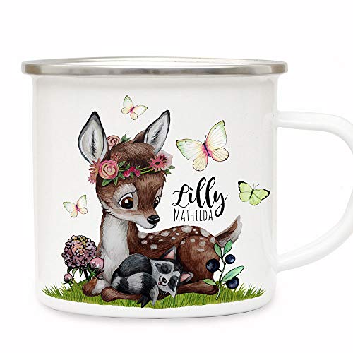 ilka parey wandtattoo-welt Emaille Becher Camping Tasse Motiv REH Waschenbär Blaubeeren Schmetterlinge & Wunschname Name Kaffeetasse Geschenk eb491 - ausgewählte Farbe: *silberner Becherrand* von ilka parey wandtattoo-welt