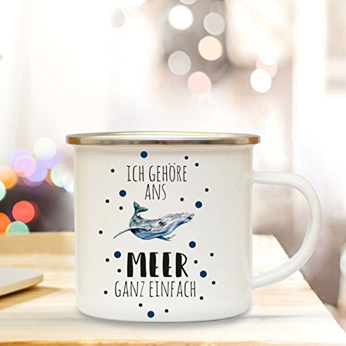 ilka parey wandtattoo-welt Emaille Becher Camping Tasse Wal & Spruch Motto. Ich gehöre ans Meer ganz einfach Kaffeetasse Zitat Geschenk eb151 von ilka parey wandtattoo-welt