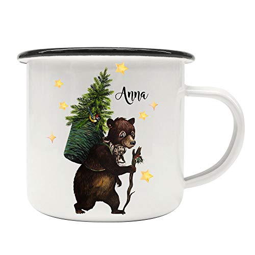 ilka parey wandtattoo-welt Emaille Becher Camping Tasse Winter Bär Tannenbaum & Name Wunschname Kaffeetasse Weihnachten Geschenk eb472 von ilka parey wandtattoo-welt