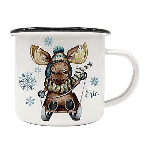 ilka parey wandtattoo-welt Emaille Becher Camping Tasse Winter Elch Schlitten & Name Wunschname Kaffeetasse Weihnachten Geschenk Weihnachtsmotiv eb477 von ilka parey wandtattoo-welt