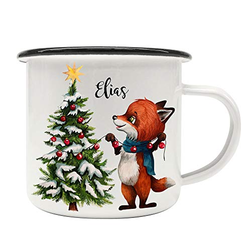 ilka parey wandtattoo-welt Emaille Becher Camping Tasse Winter Fuchs Weihnachtsbaum & Name Wunschname Kaffeetasse Weihnachten Geschenk Weihnachtsmotiv eb480 von ilka parey wandtattoo-welt