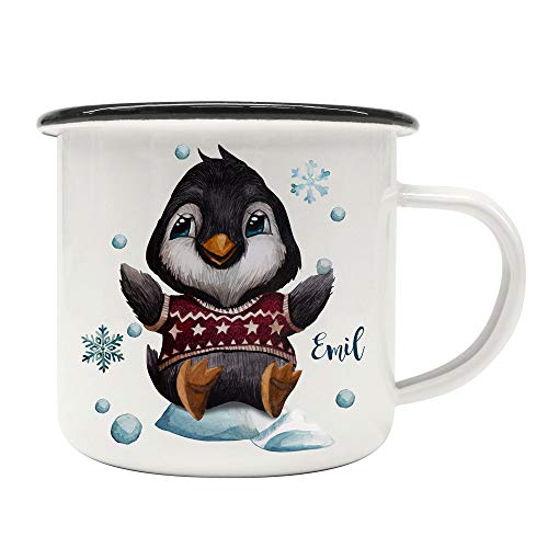 ilka parey wandtattoo-welt Emaille Becher Camping Tasse Winter Pinguin Schneeflocken & Name Wunschname Kaffeetasse Weihnachten Geschenk Weihnachtsmotiv eb479 von ilka parey wandtattoo-welt