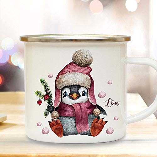 ilka parey wandtattoo-welt Emaille Becher Camping Tasse Winter Pinguin & Name Wunschname Kaffeetasse Weihnachten Geschenk Weihnachtsmotiv eb475 von ilka parey wandtattoo-welt