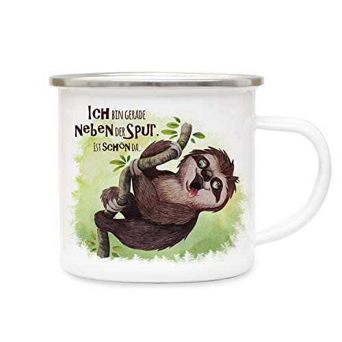 ilka parey wandtattoo-welt Emaillebecher Becher Tasse Camping mit Faultier & Spruch Bin neben der Spur schön da Kaffeetasse Geschenk Spruchbecher eb316 von ilka parey wandtattoo-welt