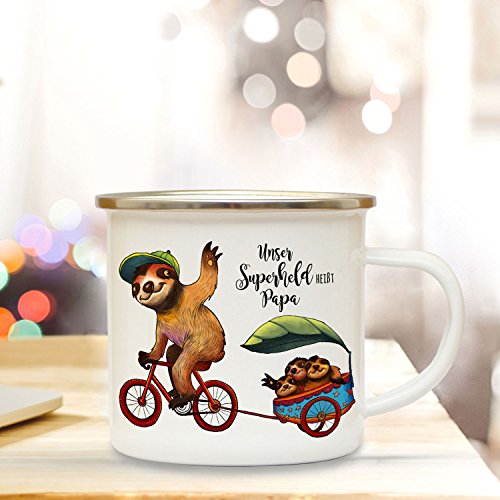 ilka parey wandtattoo-welt Emaille Becher Camping Tasse mit Faultiere Fahrrad & Spruch Papa Superheld Kaffeetasse Geschenk eb102 von ilka parey wandtattoo-welt