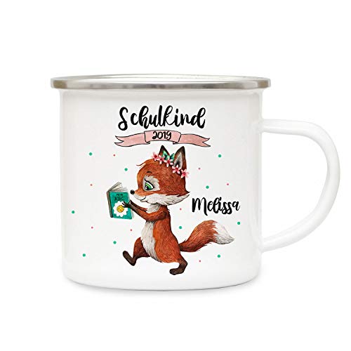 ilka parey wandtattoo-welt Emaille Becher Einschulung Camping Tasse Fuchs mit Buch Spruch Schulkind 2019 & Name Wunschname Kaffeetasse Geschenk eb437 von ilka parey wandtattoo-welt