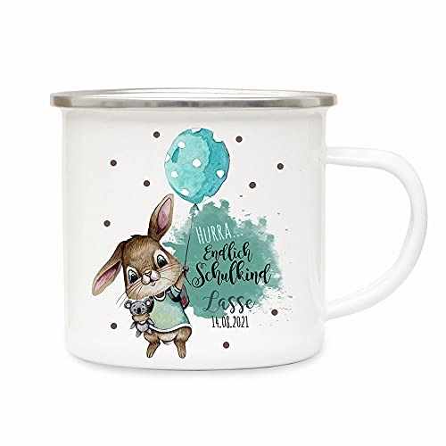 ilka parey wandtattoo-welt Emaille Becher Einschulung Camping Tasse Hasen Junge Ballon Spruch Hurra endlich Schulkind & Name Datum Kaffeetasse Geschenk eb599 von ilka parey wandtattoo-welt