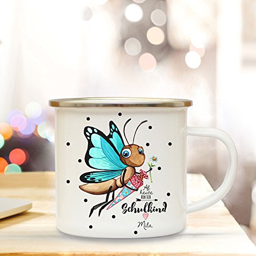 ilka parey wandtattoo-welt Emaille Becher Einschulung Camping Tasse Schmetterling mit Schultüte Spruch Schulkind & Name Wunschname Kaffeetasse Geschenk eb205 von ilka parey wandtattoo-welt