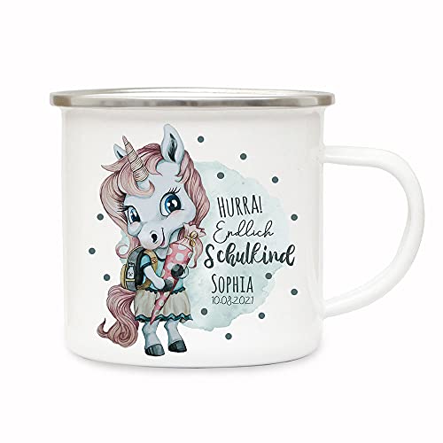 ilka parey wandtattoo-welt Emaille Becher Einschulung Tasse Einhorn Mädchen blau Schultüte Spruch Hurra endlich Schulkind & Name Wunschdatum Kaffeetasse Geschenk eb604 von ilka parey wandtattoo-welt