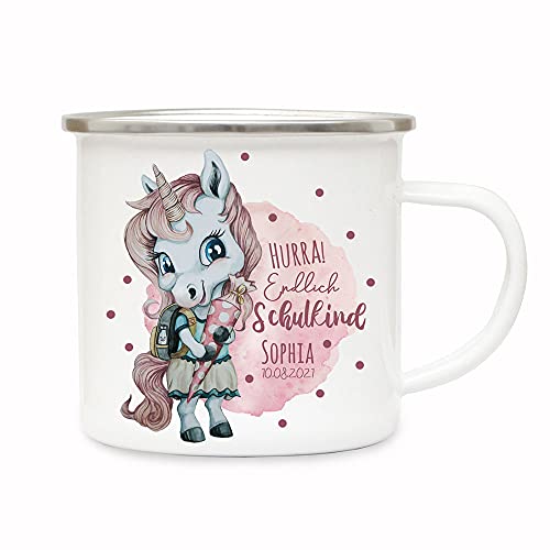 ilka parey wandtattoo-welt Emaille Becher Einschulung Tasse Einhorn Mädchen rosa pink Schultüte Spruch Hurra endlich Schulkind & Name Wunschdatum Geschenk eb603 von ilka parey wandtattoo-welt