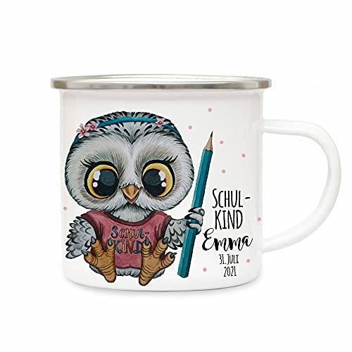 ilka parey wandtattoo-welt Emaille Becher Einschulung Tasse Eule Eulen Mädchen Bleistift Schulkind & Name Wunschdatum Kaffeetasse Geschenk eb610 von ilka parey wandtattoo-welt