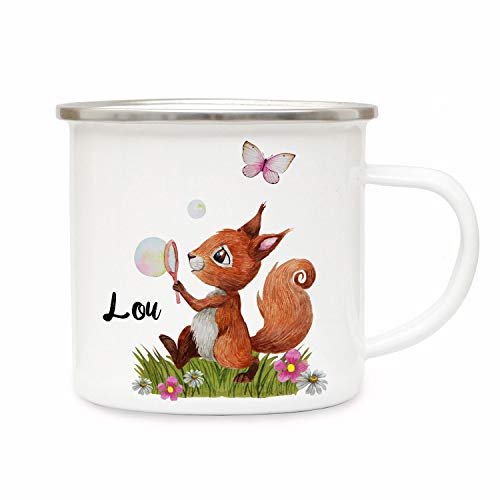 ilka parey wandtattoo-welt Emaillebecher Becher Tasse Camping Eichhörnchen Seifenblase mit Schmetterling & Wunschname Name Kaffeetasse Geschenk eb360 von ilka parey wandtattoo-welt