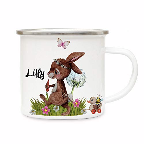 ilka parey wandtattoo-welt Emaillebecher Becher Tasse Camping Hase Häschen hinterherzieh Tier Pusteblume & Wunschname Name Kaffeetasse Geschenk eb369 von ilka parey wandtattoo-welt