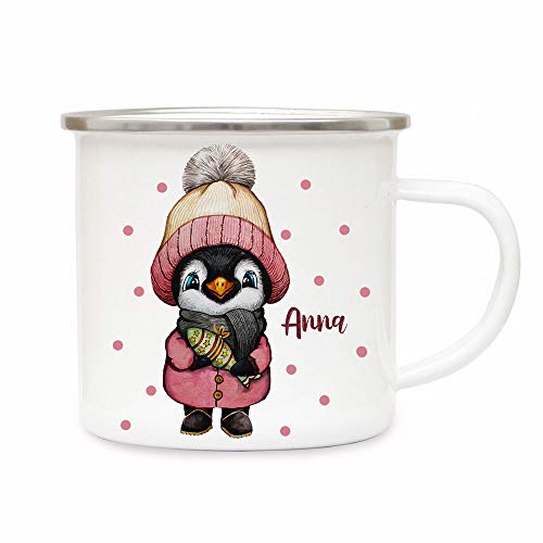 ilka parey wandtattoo-welt Emaillebecher Becher Tasse Camping Pinguin Mädchen Winter & Wunschname Name Kaffeetasse Geschenk eb569 von ilka parey wandtattoo-welt