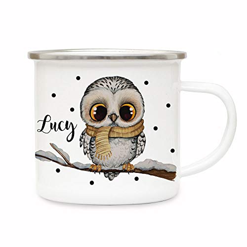 ilka parey wandtattoo-welt Emaillebecher Becher Tasse Camping Schneeeule Eule auf AST & Wunschname Name Kaffeetasse Winter Geschenk eb570 von ilka parey wandtattoo-welt