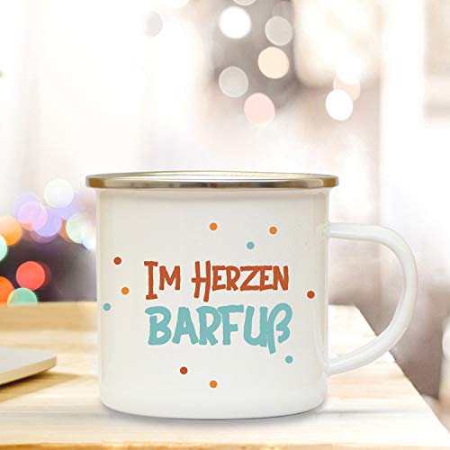 ilka parey wandtattoo-welt Emaillebecher Punkte & Motto Im Herzen Barfuß. Campingtasse mit Spruch Kaffeetasse Geschenk eb242 von ilka parey wandtattoo-welt