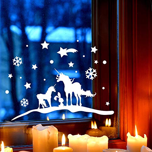 ilka parey wandtattoo-welt Fensterbild Einhörner Winter -WIEDERVERWENDBAR- Fensterdeko Einhorn Fensterbilder Winterlandschaft 28cm breit x 14cm hoch + Sterne & Schneeflocken M2259 von ilka parey wandtattoo-welt