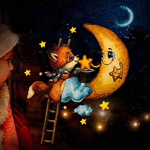 ilka parey wandtattoo-welt Fensterbild Weihnachtsdeko Weihnachten Fuchs mit Mond Sterne wiederverwendbar Fensterdeko Winter Fensterbilder Kinder Zimmer bf144 - ausgewählte Größe: *1. Fuchs mit Mond* von ilka parey wandtattoo-welt