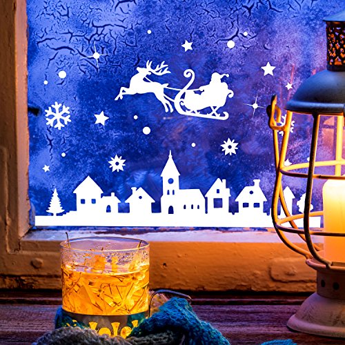 ilka parey wandtattoo-welt Fensterbild Weihnachtsmann an Weihnachten Winter Fensterdeko 80x43cm Fensterbilder Winterlandschaft + Sterne & Schneeflocken M2263 von ilka parey wandtattoo-welt