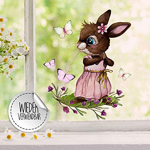 ilka parey wandtattoo-welt Fensterbild rosa Hase Häschen Schmetterlinge -wiederverwendbar- Fensterdeko Fensterbilder Deko Dekoration bf125 von ilka parey wandtattoo-welt