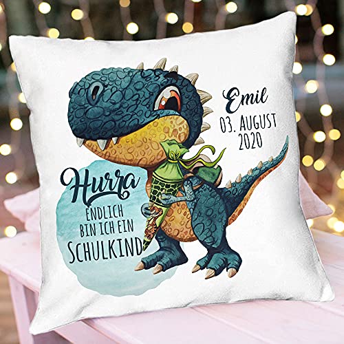 ilka parey wandtattoo-welt Kissen Einschulung Dino T-Rex Schultüte Spruch Hurra endlich Schulkind & Name Datum Spruchkissen inkl Füllung Dekokissen Bedruckt ks348 - ausgewählte Größe: *03. Kissen* von ilka parey wandtattoo-welt