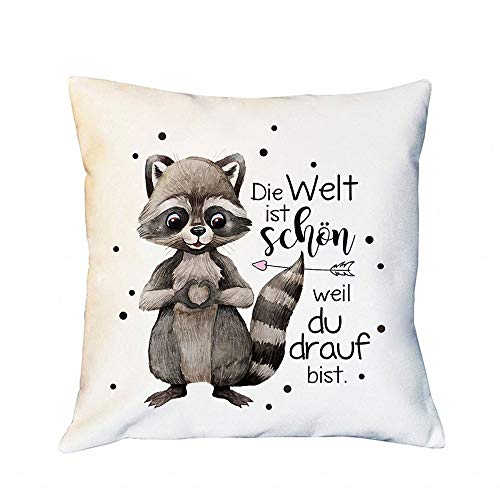 ilka parey wandtattoo-welt Kissen mit Spruch Die Welt ist schön Weil du Drauf bist & Waschbär Herz inkl Füllung Dekokissen Zierkissen Spruchkissen Motto Zitat Bedruckt ks314 von ilka parey wandtattoo-welt