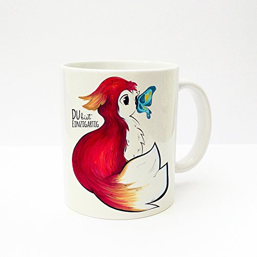 ilka parey wandtattoo-welt Tasse Becher Kaffeetasse Kaffeebecher Fuchs mit Schmetterling und Spruch Du bist einzigartig ts220 von ilka parey wandtattoo-welt