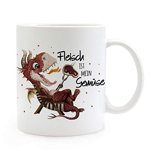 ilka parey wandtattoo-welt Tasse Becher Kleiner Drache im Liegestuhl & Spruch Fleisch ist Mein Gemüse Kaffeebecher Geschenk Spruchbecher ts1007 von ilka parey wandtattoo-welt