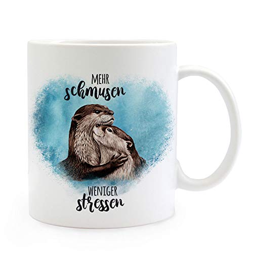 ilka parey wandtattoo-welt Tasse Becher Motiv mit Otter Pärchen blau Spruch Mehr schmusen weniger stressen Kaffeebecher Geschenk Spruchbecher ts918 von ilka parey wandtattoo-welt